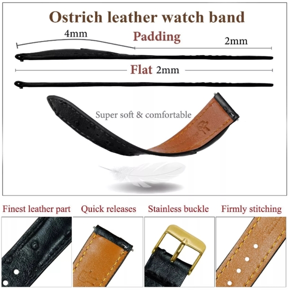 Black Ostrich Leather Watch Band Padded Gold Buckle Size 22mm - Picture 4 of 6
